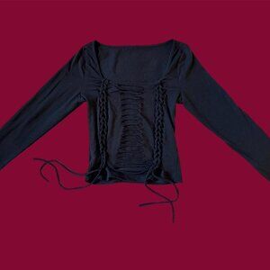 s/m mallgoth distressed + slit long sleeve top with braided string details